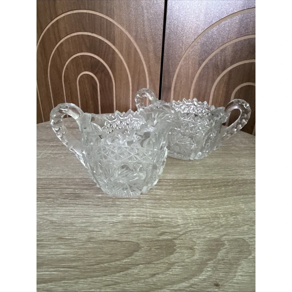 Antique Cut Crystal Cream & Sugar Bowl ~ American Brilliant Period, Pinwheel